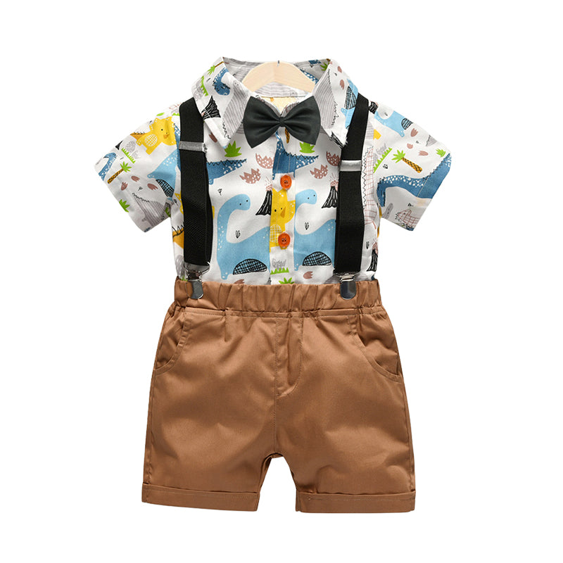 2 Pieces Set Baby Kid Boys Birthday Party Dinosaur Bow Print Shirts And Solid Color Rompers Wholesale 22062027