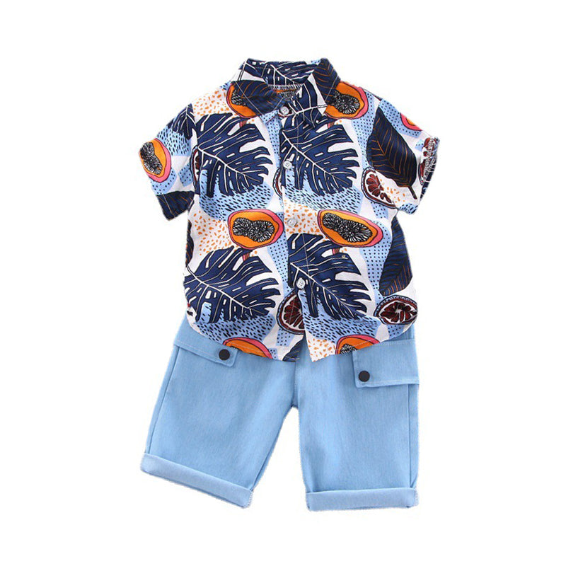 2 Pieces Set Kid Boys Plant Print Shirts And Solid Color Shorts Wholesale 220620279