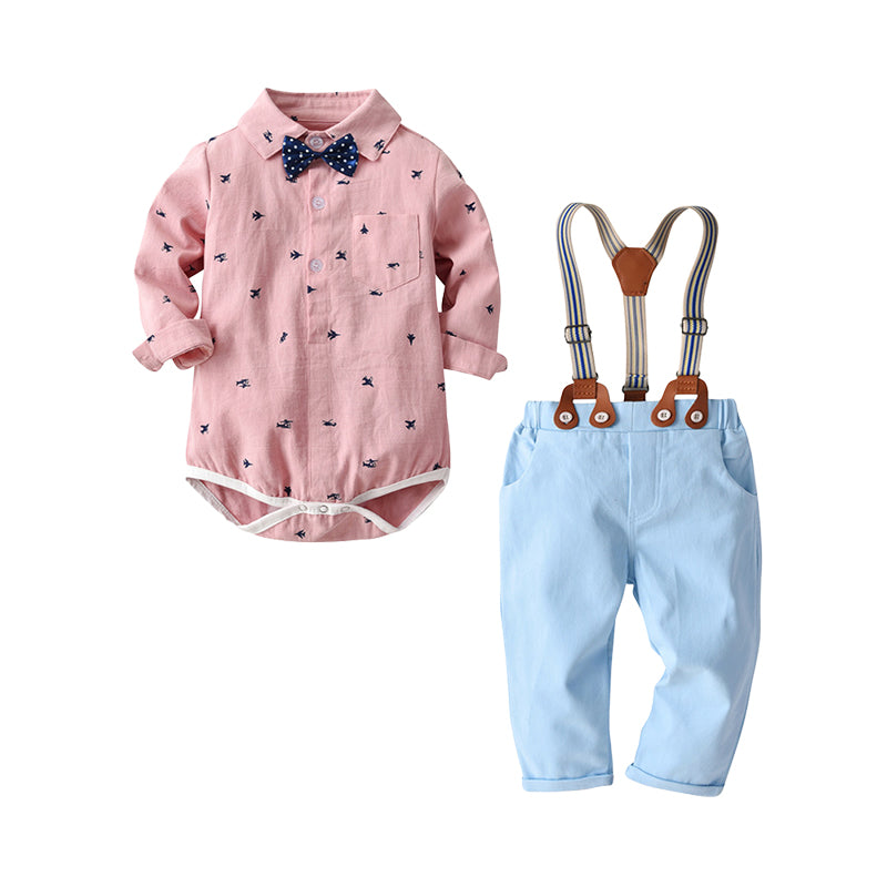 2 Pieces Set Baby Boys Birthday Party Bow Print Rompers And Solid Color Jumpsuits Wholesale 22062028