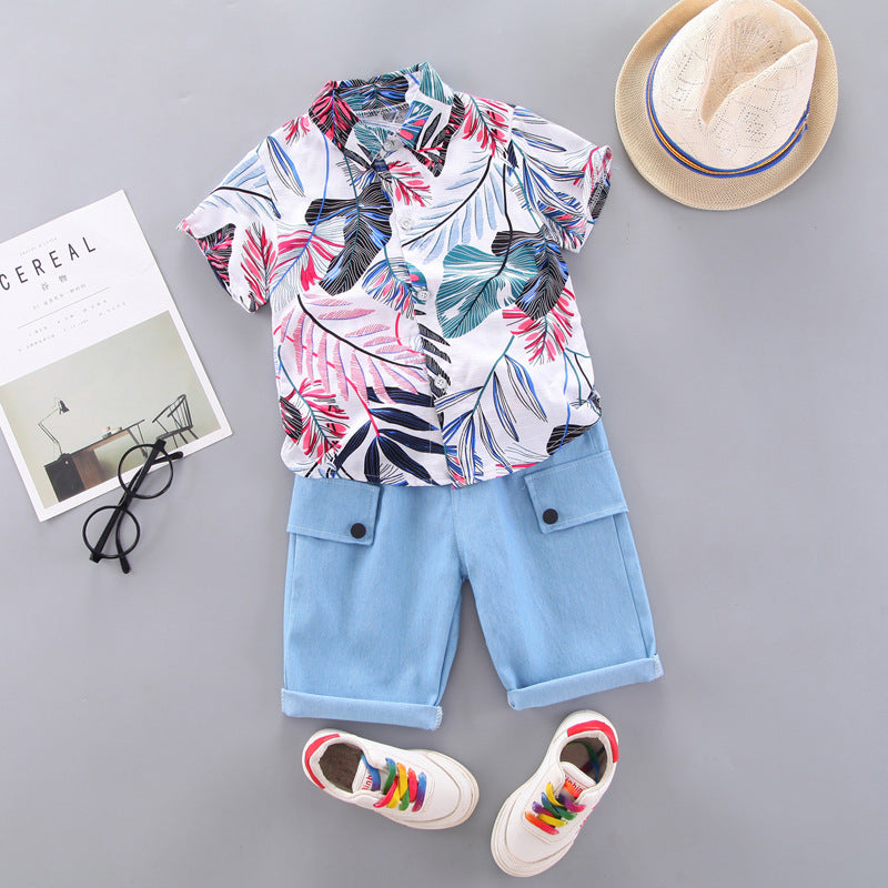 2 Pieces Set Kid Boys Plant Print Shirts And Solid Color Shorts Wholesale 220620280