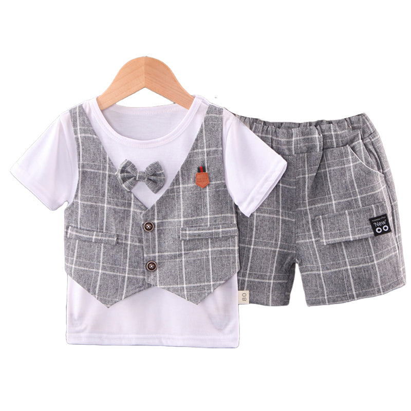 2 Pieces Set Baby Kid Boys Solid Color Bow Tops And Striped Shorts Wholesale 220620287