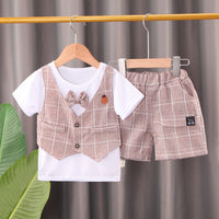 Load image into Gallery viewer, 2 Pieces Set Baby Kid Boys Solid Color Bow Tops And Striped Shorts Wholesale 220620287
