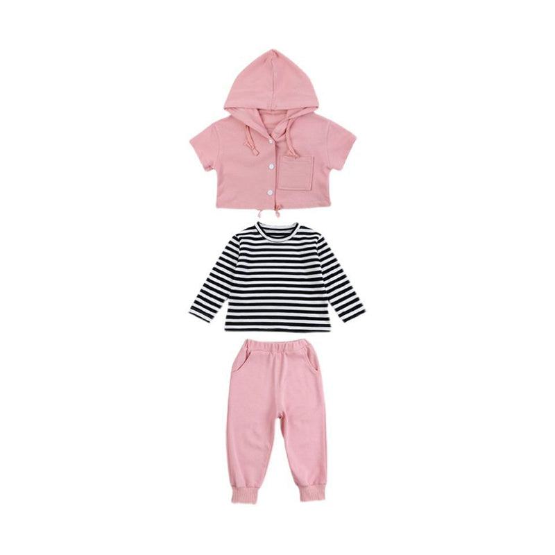 3 Pieces Set Baby Kid Unisex Solid Color Jackets Outwears Striped Tops And Pants Wholesale 220620300