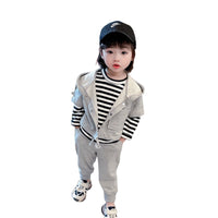 Load image into Gallery viewer, 3 Pieces Set Baby Kid Unisex Solid Color Jackets Outwears Striped Tops And Pants Wholesale 220620300
