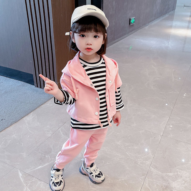 3 Pieces Set Baby Kid Unisex Solid Color Jackets Outwears Striped Tops And Pants Wholesale 220620300