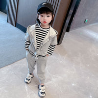 Load image into Gallery viewer, 3 Pieces Set Baby Kid Unisex Solid Color Jackets Outwears Striped Tops And Pants Wholesale 220620300

