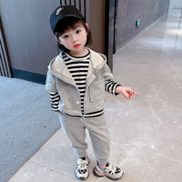Load image into Gallery viewer, 3 Pieces Set Baby Kid Unisex Solid Color Jackets Outwears Striped Tops And Pants Wholesale 220620300
