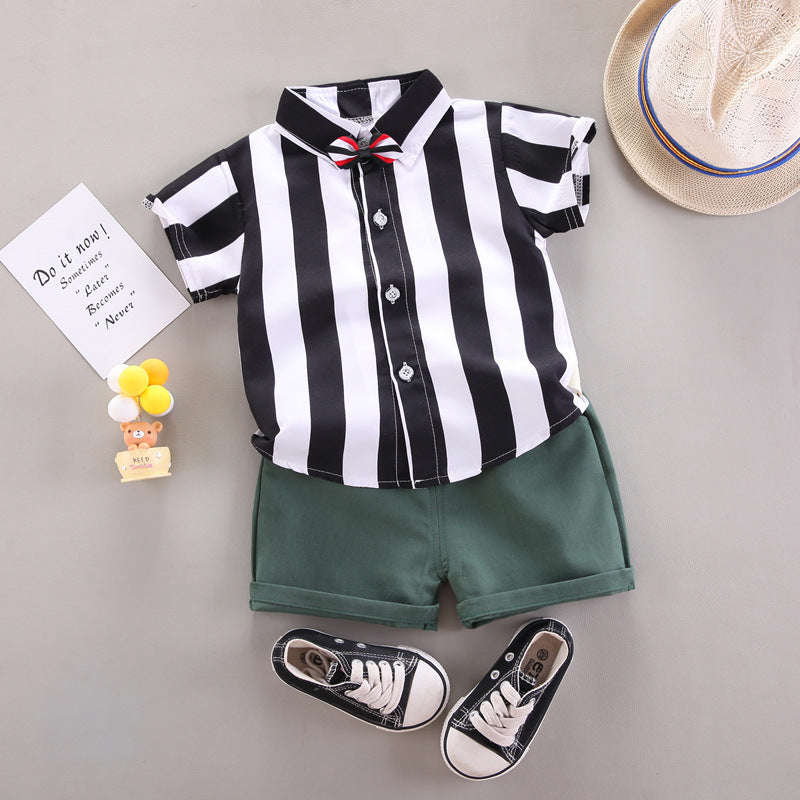 2 Pieces Set Baby Kid Boys Striped Bow Shirts And Shorts Wholesale 220620310