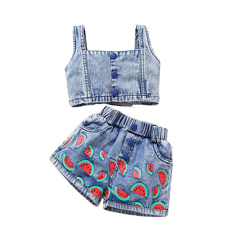 2 Pieces Set Baby Kid Girls Solid Color Tank Tops And Fruit Print Shorts Wholesale 220620340