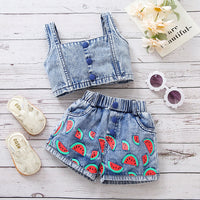 Load image into Gallery viewer, 2 Pieces Set Baby Kid Girls Solid Color Tank Tops And Fruit Print Shorts Wholesale 220620340

