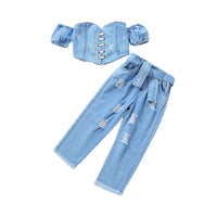 Load image into Gallery viewer, 2 Pieces Set Baby Kid Girls Solid Color Ripped Pants Jeans And Tops Wholesale 220620377
