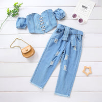 Load image into Gallery viewer, 2 Pieces Set Baby Kid Girls Solid Color Ripped Pants Jeans And Tops Wholesale 220620377
