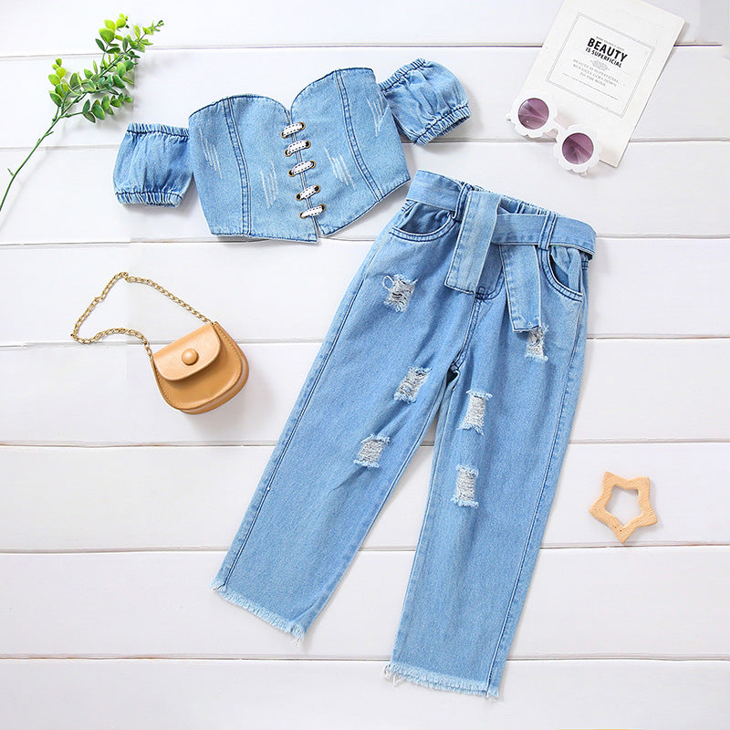 2 Pieces Set Baby Kid Girls Solid Color Ripped Pants Jeans And Tops Wholesale 220620377
