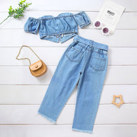 Load image into Gallery viewer, 2 Pieces Set Baby Kid Girls Solid Color Ripped Pants Jeans And Tops Wholesale 220620377
