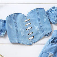 Load image into Gallery viewer, 2 Pieces Set Baby Kid Girls Solid Color Ripped Pants Jeans And Tops Wholesale 220620377
