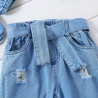 Load image into Gallery viewer, 2 Pieces Set Baby Kid Girls Solid Color Ripped Pants Jeans And Tops Wholesale 220620377
