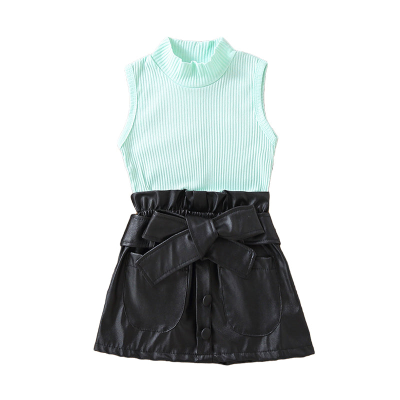 2 Pieces Set Baby Kid Girls Solid Color Muslin&Ribbed Tank Tops And Skirts Wholesale 220620383
