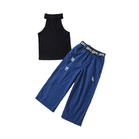 Load image into Gallery viewer, 2 Pieces Set Baby Kid Girls Solid Color Tank Tops And Ripped Pants Wholesale 220620384
