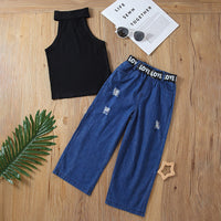 Load image into Gallery viewer, 2 Pieces Set Baby Kid Girls Solid Color Tank Tops And Ripped Pants Wholesale 220620384
