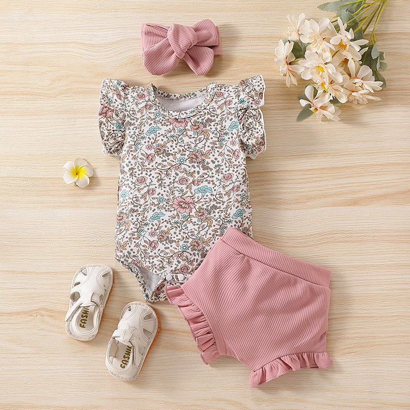 2 Pieces Set Baby Girls Flower Bow Print Rompers And Muslin&Ribbed Shorts Wholesale 220620479
