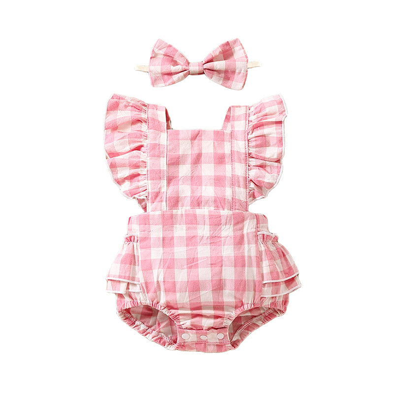 Baby Unisex Checked Bow Rompers Wholesale 220620484