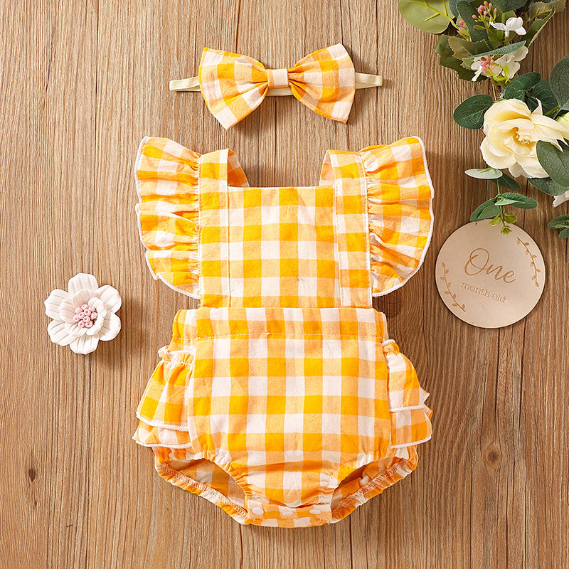 Baby Unisex Checked Bow Rompers Wholesale 220620484