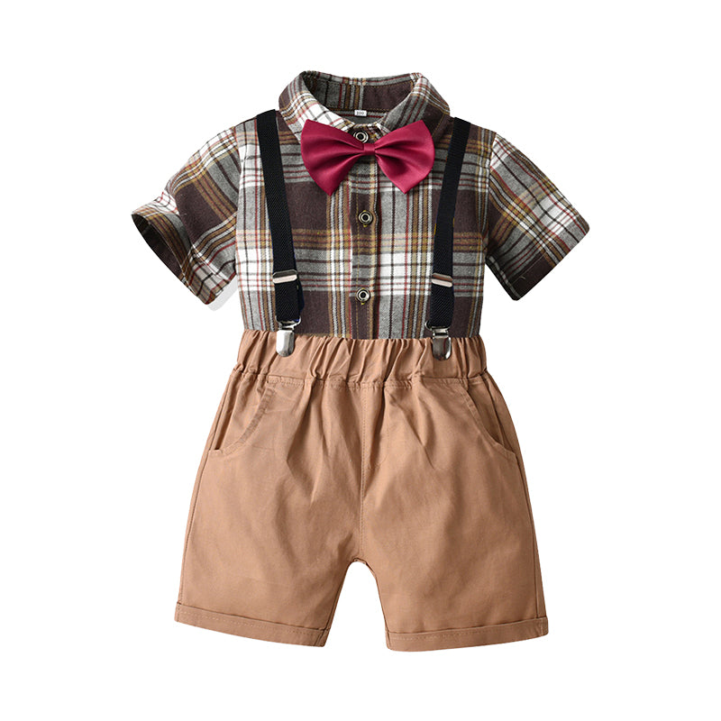 2 Pieces Set Baby Kid Boys Dressy Checked Bow Shirts And Solid Color Rompers Wholesale 220620530