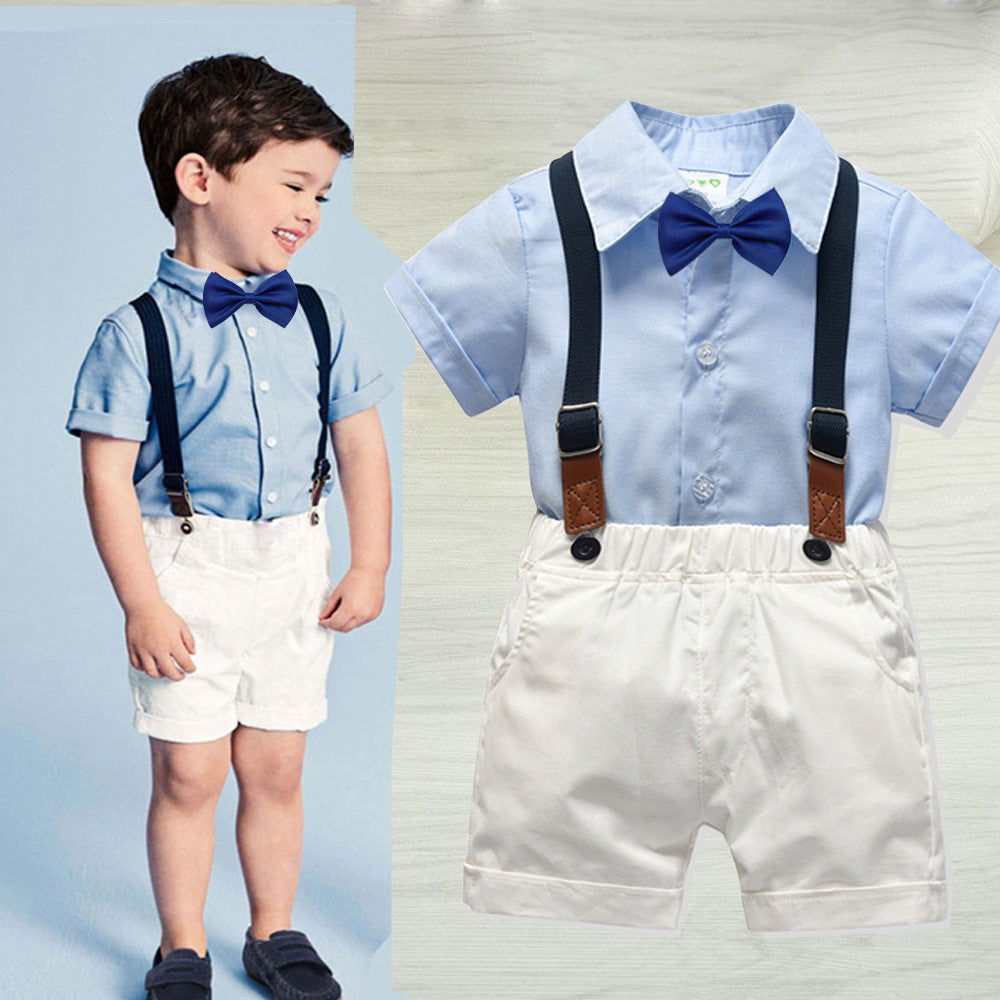 2 Pieces Set Baby Kid Boys Dressy Birthday Solid Color Bow Shirts And Shorts Suits Wholesale 22062058