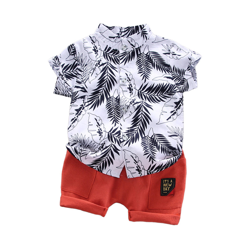 2 Pieces Set Baby Kid Boys Plant Print Shirts And Solid Color Shorts Wholesale 22062079