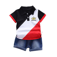 Load image into Gallery viewer, 2 Pieces Set Baby Kid Boys Color-blocking Embroidered Polo Shirts And Solid Color Shorts Wholesale 22062081
