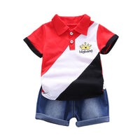 Load image into Gallery viewer, 2 Pieces Set Baby Kid Boys Color-blocking Embroidered Polo Shirts And Solid Color Shorts Wholesale 22062081
