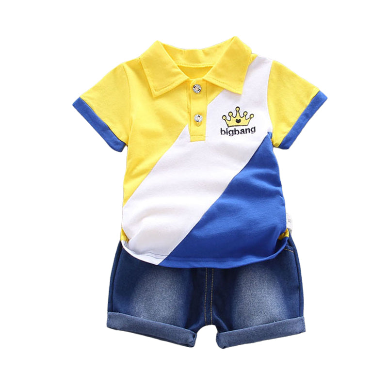 2 Pieces Set Baby Kid Boys Color-blocking Embroidered Polo Shirts And Solid Color Shorts Wholesale 22062081