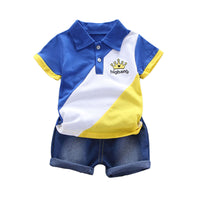 Load image into Gallery viewer, 2 Pieces Set Baby Kid Boys Color-blocking Embroidered Polo Shirts And Solid Color Shorts Wholesale 22062081
