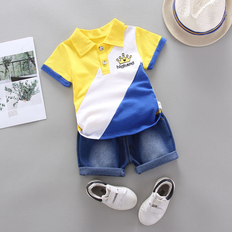 2 Pieces Set Baby Kid Boys Color-blocking Embroidered Polo Shirts And Solid Color Shorts Wholesale 22062081