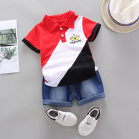 Load image into Gallery viewer, 2 Pieces Set Baby Kid Boys Color-blocking Embroidered Polo Shirts And Solid Color Shorts Wholesale 22062081
