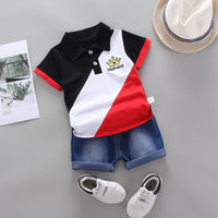 Load image into Gallery viewer, 2 Pieces Set Baby Kid Boys Color-blocking Embroidered Polo Shirts And Solid Color Shorts Wholesale 22062081
