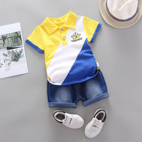Load image into Gallery viewer, 2 Pieces Set Baby Kid Boys Color-blocking Embroidered Polo Shirts And Solid Color Shorts Wholesale 22062081

