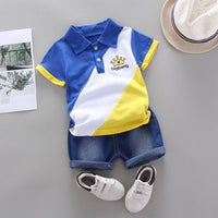 Load image into Gallery viewer, 2 Pieces Set Baby Kid Boys Color-blocking Embroidered Polo Shirts And Solid Color Shorts Wholesale 22062081
