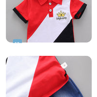 Load image into Gallery viewer, 2 Pieces Set Baby Kid Boys Color-blocking Embroidered Polo Shirts And Solid Color Shorts Wholesale 22062081
