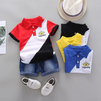 Load image into Gallery viewer, 2 Pieces Set Baby Kid Boys Color-blocking Embroidered Polo Shirts And Solid Color Shorts Wholesale 22062081
