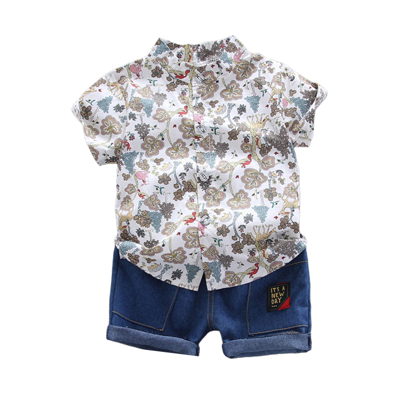 2 Pieces Set Baby Kid Boys Cartoon Print Shirts And Solid Color Shorts Wholesale 22062082