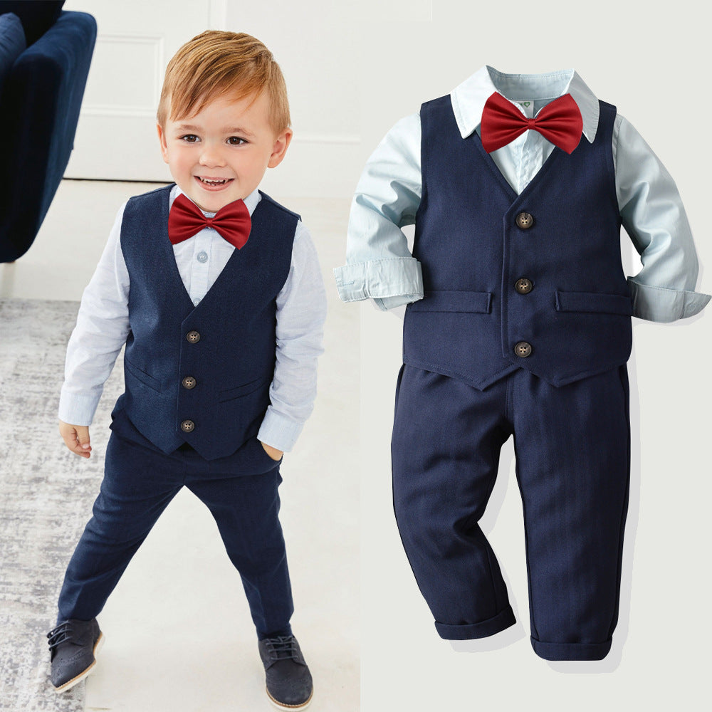 3 Pieces Set Baby Kid Boys Dressy Bow Shirts And Solid Color Vests Waistcoats And Pants Suits Wholesale 22062087