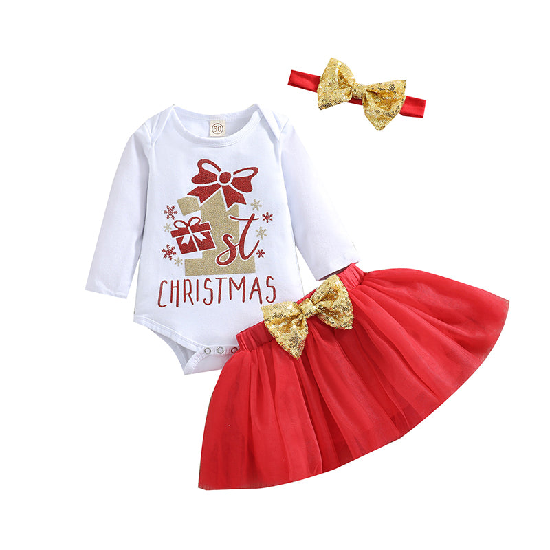 3 Pieces Set Baby Girls Christmas Letters Print Rompers Bow Skirts And Headwear Wholesale 220622127