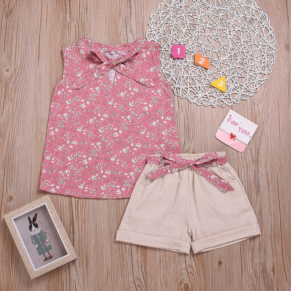 2 Pieces Set Baby Kid Girls Flower Print Tank Tops And Solid Color Shorts Wholesale 22062213