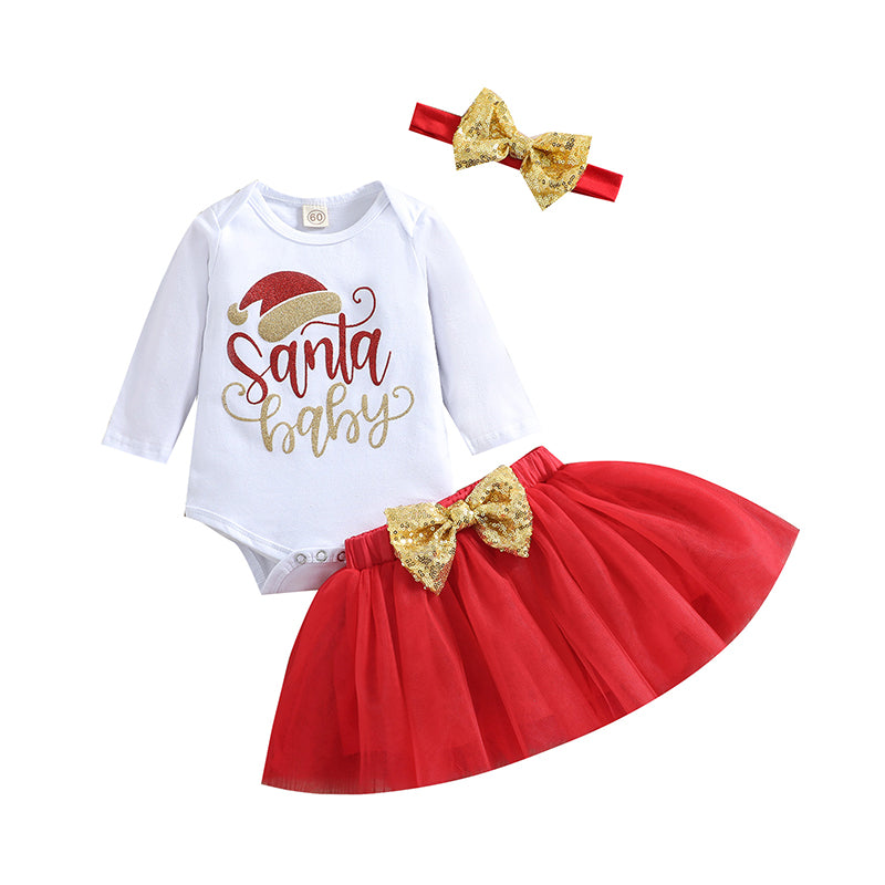 3 Pieces Set Baby Girls Christmas Letters Print Rompers Bow Skirts And Headwear Wholesale 220622132