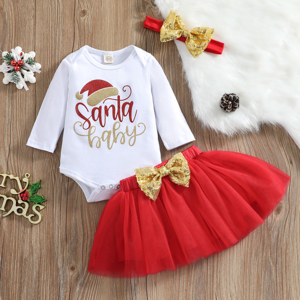 3 Pieces Set Baby Girls Christmas Letters Print Rompers Bow Skirts And Headwear Wholesale 220622132