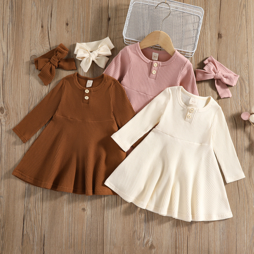 Baby Kid Girls Solid Color Muslin&Ribbed Dresses Wholesale 220622179