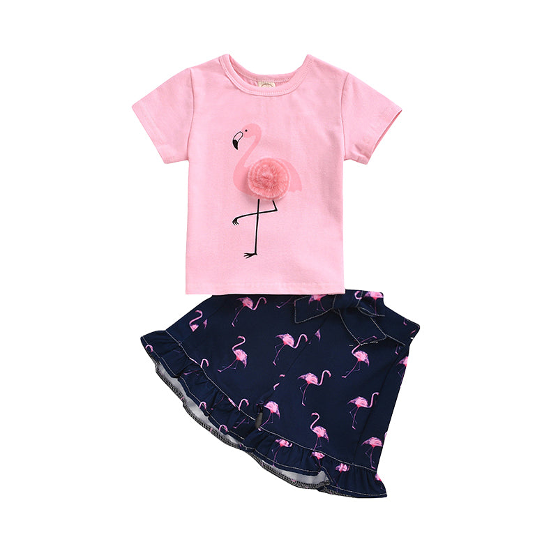 2 Pieces Set Baby Kid Girls Flamingo Print T-Shirts And Skirts Wholesale 22062225