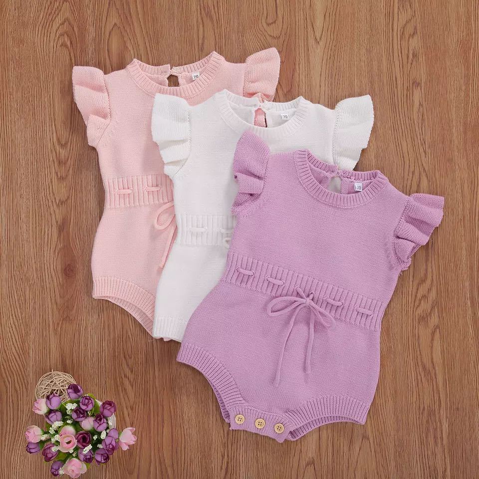 Baby Girls Solid Color Bow Crochet Rompers Wholesale 22062235