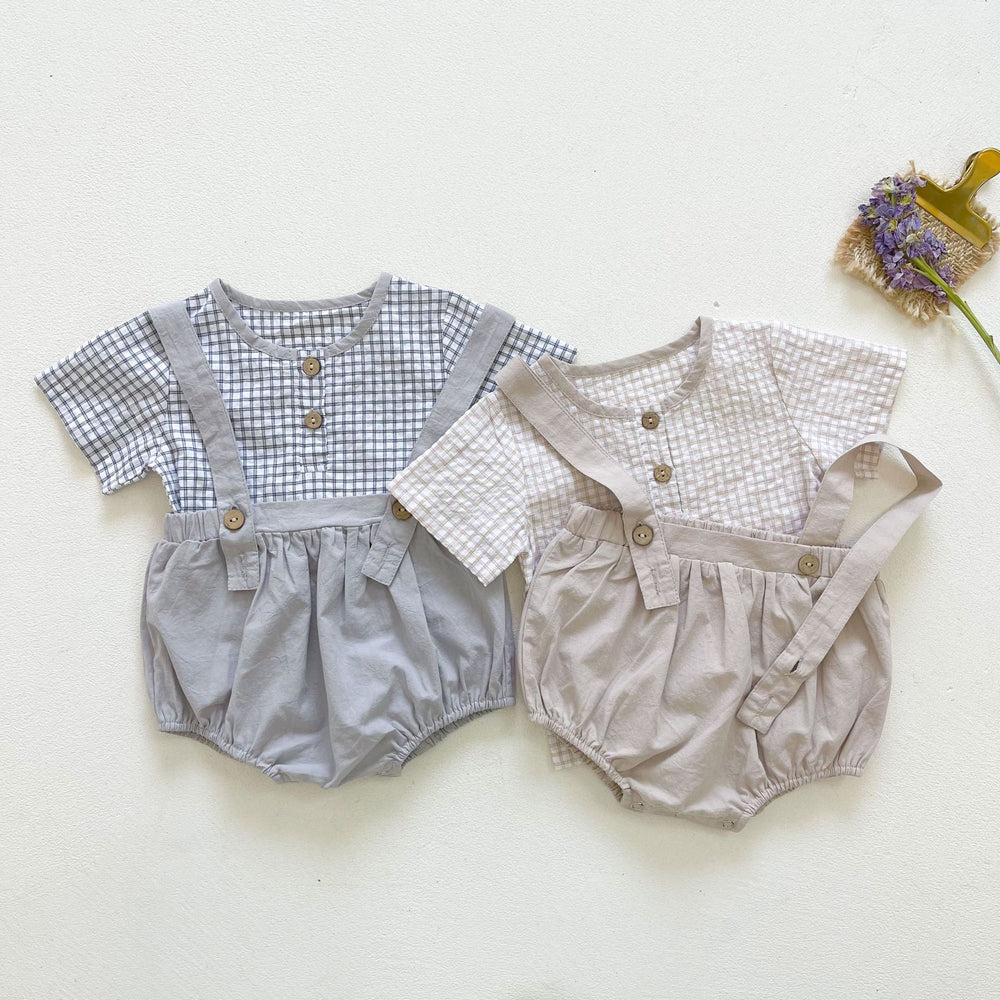 2 Pieces Set Baby Boys Checked Tops And Solid Color Rompers Wholesale 22062276